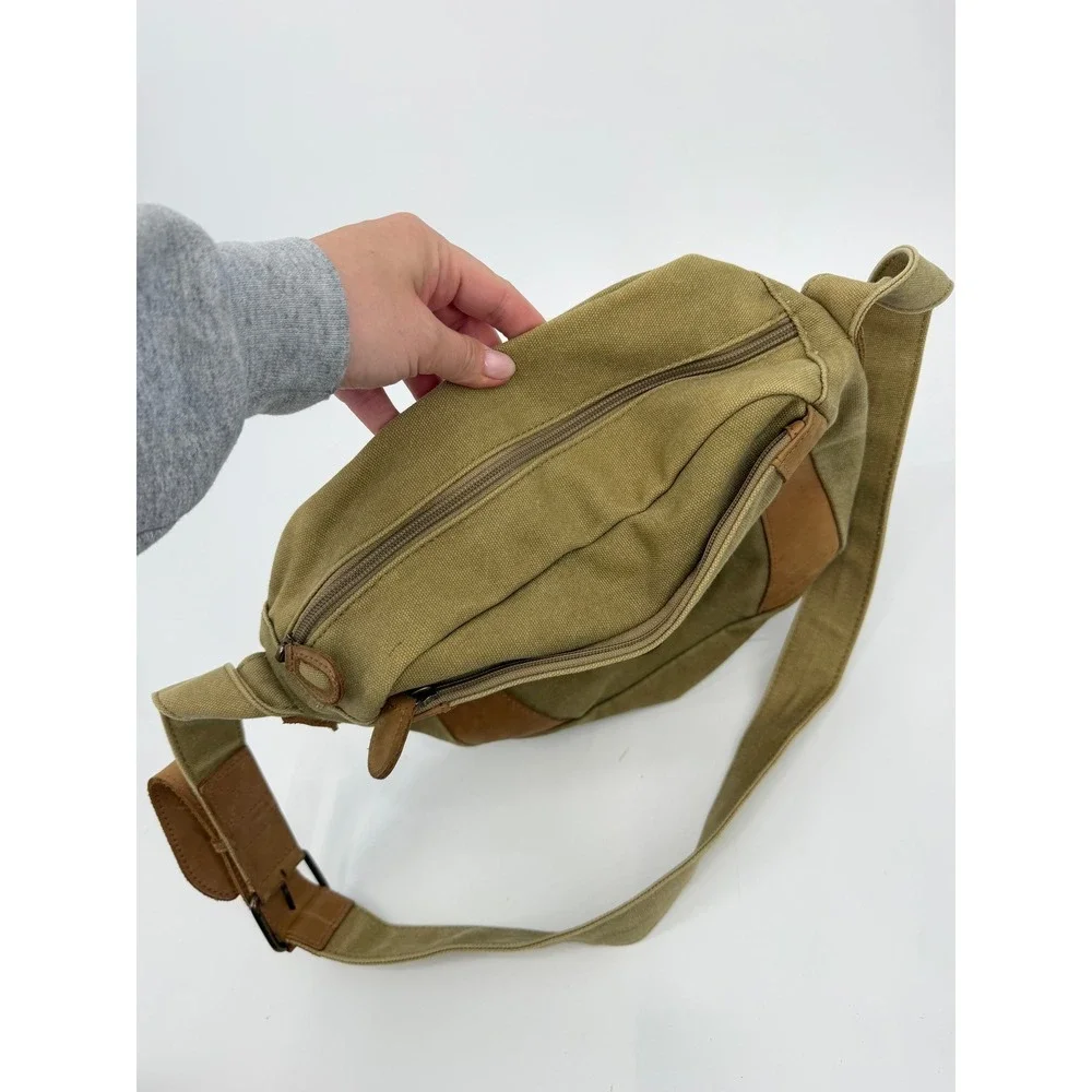 LL Bean Canvas Messenger Bag Olive Green Leather Trim Crossbody Field Bag Vtg